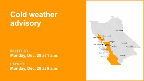 Update: Cold weather advisory for Bay Area inland regions for Monday – temperatures to dip to 34