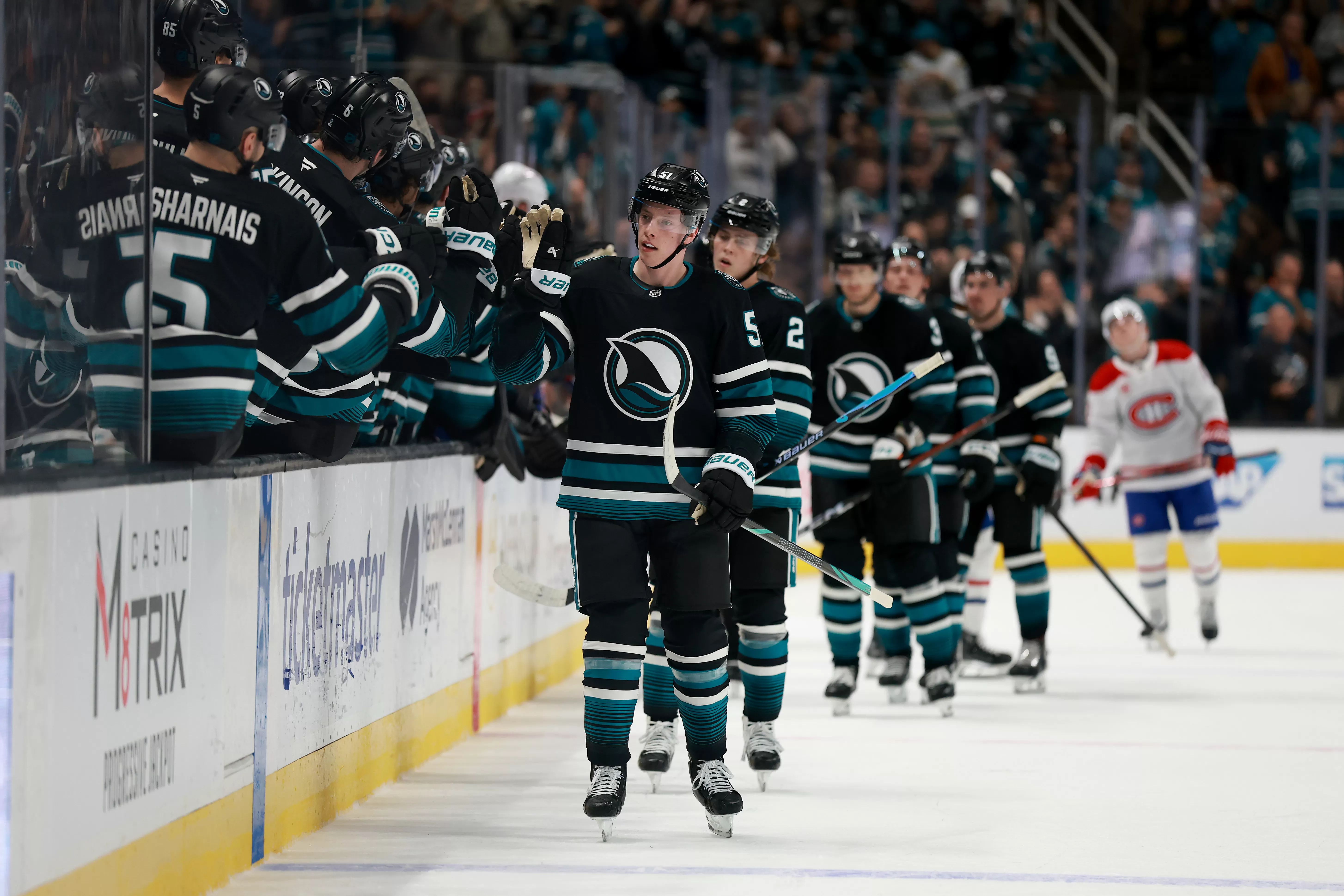 Celebrini, Sherwood come up large as Sharks earn thrilling win over Canadiens